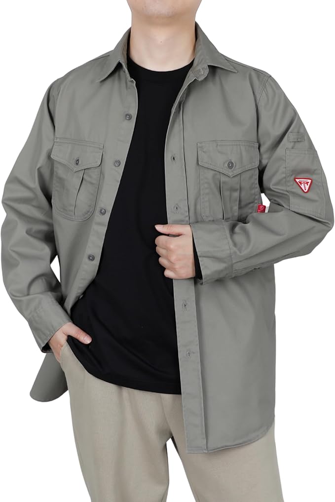 TICOMELA Men’s Mid-Weight FR Welding Shirt, 7.5oz 100% Cotton NFPA 2112 CAT2 – Flame-Resistant Button-Down Work Shirt