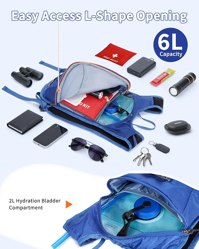sportsnew Hydration Backpack with 2L Water Bladder, 6L Lightweight Water Backpack for Hiking, Running and Cycling, Hydro Pack for Men Women