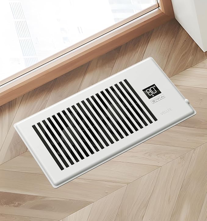 VELLEE Quiet Register Booster Fan Fits 4" x 10" (DUCT OPENING CUTOUT), 10-Speed Smart Heating Cooling AC Vent Booster Fan w/Remote Control & Thermostat Control (Vertical Grille - White) - Corded