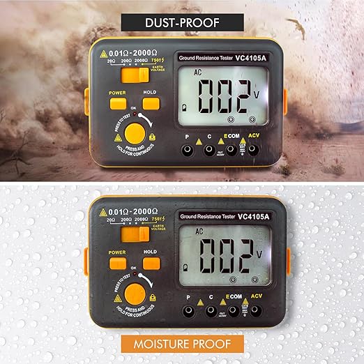 VC4105A Earth Resistance Tester Digital Grounding Resistance Meter 20/200/2000Ω Ground Resistance 750V AC Voltage Measure Backlight LCD Display Data Hold