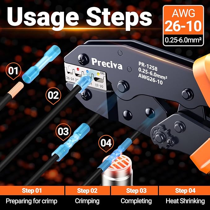 Preciva Heat Shrink Connectors Kit, Preciva Wire Crimping Tool with 180PCS 26-10 AWG Pure Copper Ferrules,Ratcheting Crimper for Automotive, Electrical, Marine & Wiring Repairs