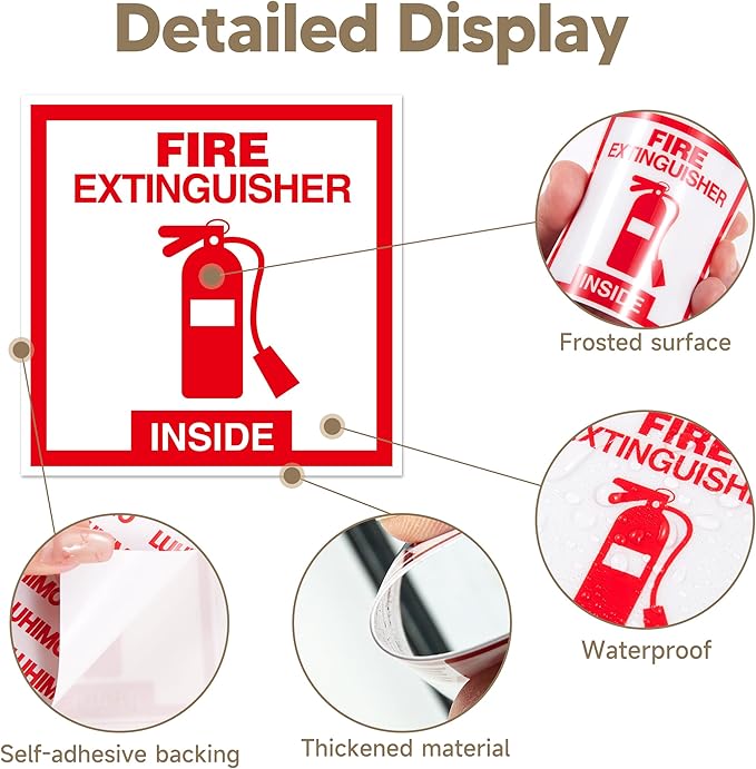 6 PCS Fire Extinguisher Sign Stickers,Self Adhesive Waterproof Vinyl Fire Extinguisher Inside Sticker for Box, Suitable for Cars,Trucks,Vehicles,Red on White