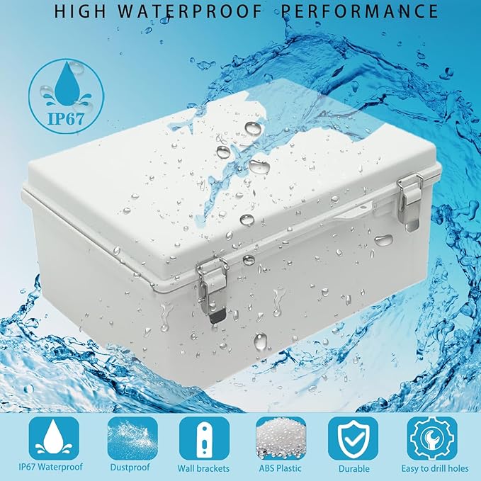 Waterproof Outdoor Electrical Box Junction Box Weatherproof IP67 ABS Plastic Enclosure Switch Router Project Box with Mounting Plate with Wall Bracket 2 Cable Glands Grey 16" x 12" x 7"