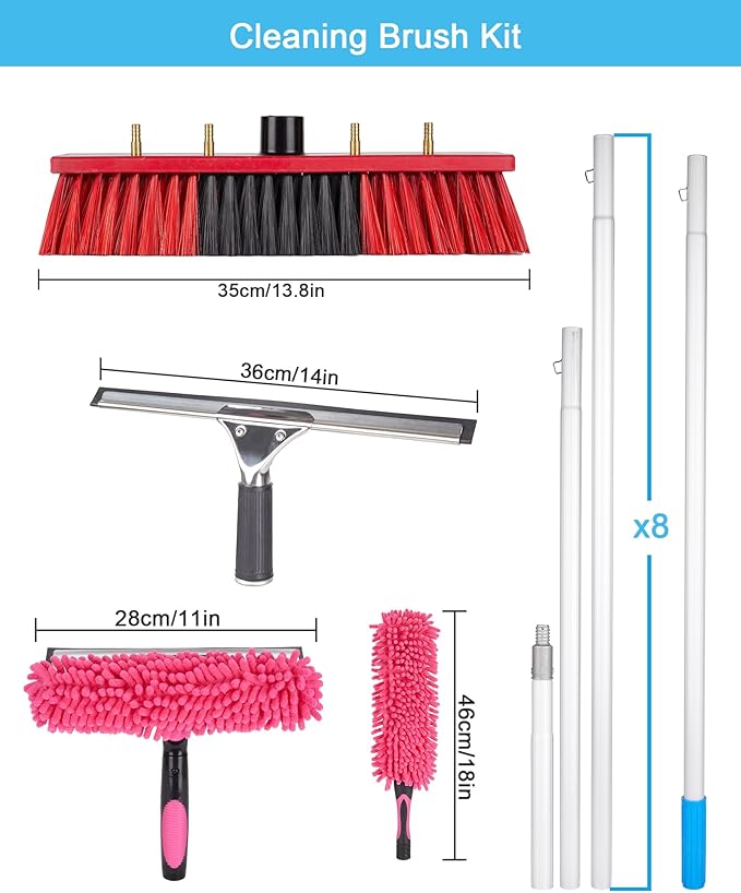 35ft Solar Panel Cleaning Brush & Squeegee, 2 Dusting Brush, Lightweight & Extendable Poles, Water Fed Poles Kit for Roof Window Greenhouse