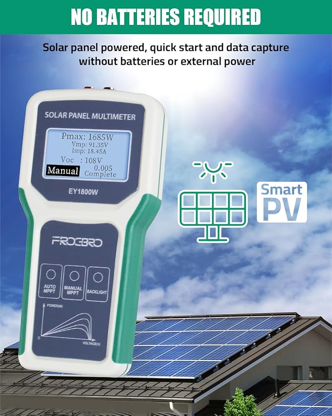 FrogBro 1800W Solar Panel Tester Photovoltaic Multimeter, Troubleshooting Tool with Smart MPPT Display, Upgraded Measuring Range (5~1800W, 20~120V, 0~60A) for Solar PV Panel Testing and Data Analysis