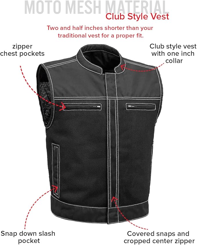 First Mfg Co Lowrider Mens Motorcycle Biker Riding Armor Club Style Black Leather, Twill, Moto Mesh, Perforated Vest