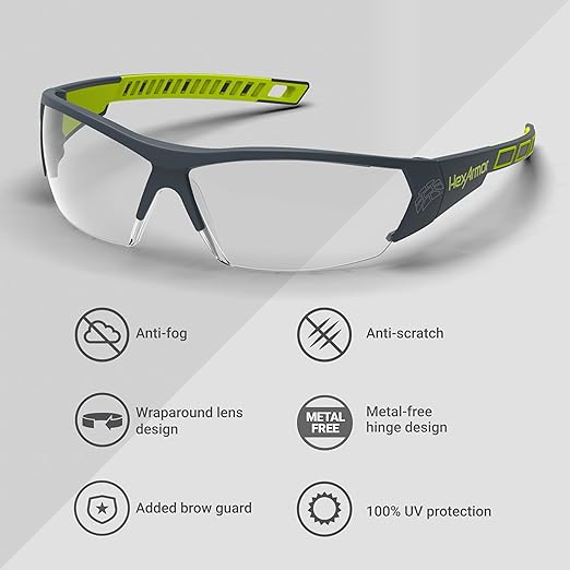 HexArmor MX250 Clear Safety Glasses for Men and Women | Anti-Fog | Scratch Resistant Wrap Around Lenses | Modern-Safety Glasses | Metal-Free | Certified ANSI Z87 | 100% UV Protected Eyewear
