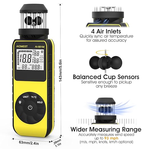 AIOMEST Handheld Wind Cup Anemometer with Direction, Digital Wind Speed Meter Gauge Measure 1.5~93MPH Air Flow Velocity, Wind Temp for Outdoor Hunting Shooting Drone Surfing HVAC - AI-881M