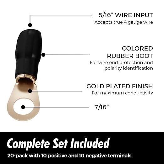InstallGear 4 Gauge AWG Tinned Pure Copper Lugs Ring Terminals Connectors (20 Pack - 10 Positive/10 Negative) - Electrical Connectors, Heat Shrink Wire Connectors for 4 Gauge Wire, 4 AWG Ring Terminal