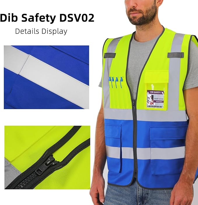 Dib Safety Reflective Vest ANSI Class 2, High Visibility Vest with Pockets and Zipper, Construction Work, Hi Vis