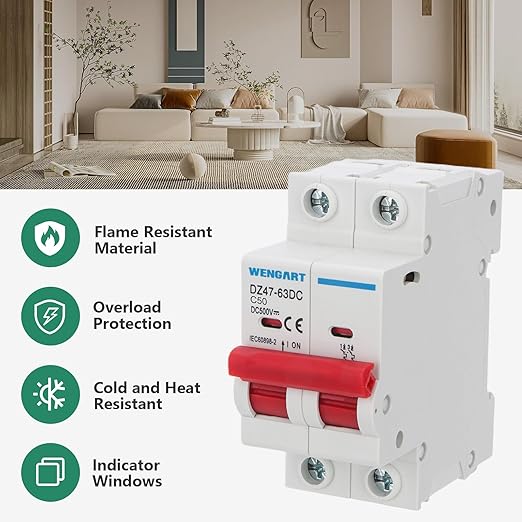 Wengart DC Miniature Circuit Breaker DZ47-63Z,500V 2 Poles 50A,Work for Battery and Solar PV Systems and Other DC Systems, DIN Rail Mount,Disconnect Switch
