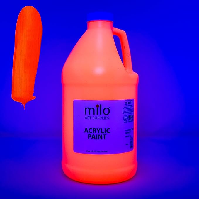 milo Fluorescent Orange Neon Acrylic Paint | 64 oz Bottle Half Gallon | Glows UV in Black Light | Non-Toxic Made in USA | Bulk Art Paint for Party, Student, Classroom, Artist