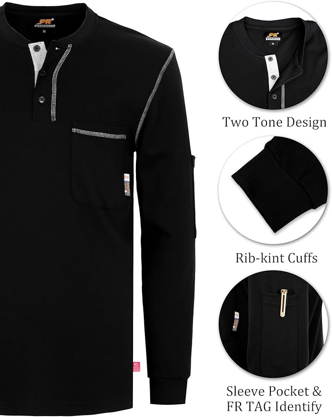 KONRECO FR Shirts for Men Long Sleeve 7oz Cotton Flame Resistant/Fire Retardant CAT2 Henley Shirt