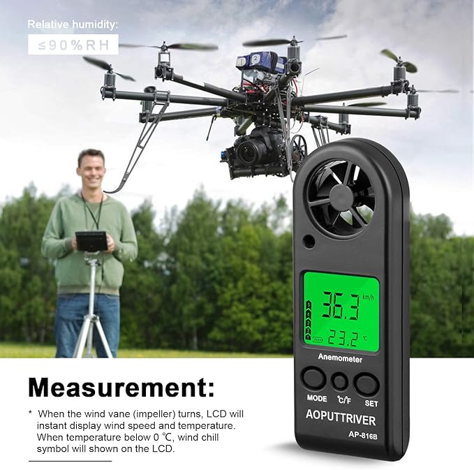 Anemometer Handheld Wind Speed Meter for Measuring Wind Speed Temperature and Max/Average/Current, High Precision Anemometer Measuring for Windsurfing Sailing Fishing Outdoor Activities