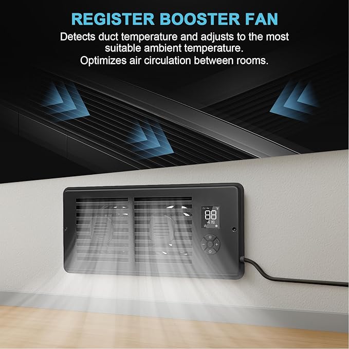 Register Booster Fan for 4" x 10" Vents Only, 10 Speeds to Control Cool & Warm Airflow, Air Conditioning Vents with LED Screen Remote & Thermostat Control, for Room Walls & Floors (Black)