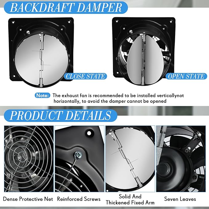 8 Inch Exhaust Fan 576 CFM Kitchen Exhaust Fan with Switch Small Exhaust Fan Bathroom Potable Plug in Garage Exhaust Fan with Damper for Shop, Smoking Room, Industrial Ventilation Use, Black