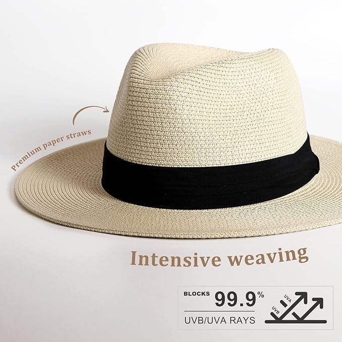 FURTALK Womens Mens Wide Brim Straw Panama Hat Fedora Summer Beach Sun Hats UPF Straw Hat for Women