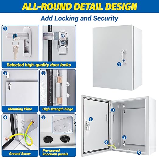 Electrical Box 12 x 10 x 6'' Steel Electrical Junction Box，NEMA 4X Steel Enclosure Box，Indoor&Outdoor Electrical Box Waterproof & Dustproof，Wall Mounted Universal，with Lock & Mounting Plate