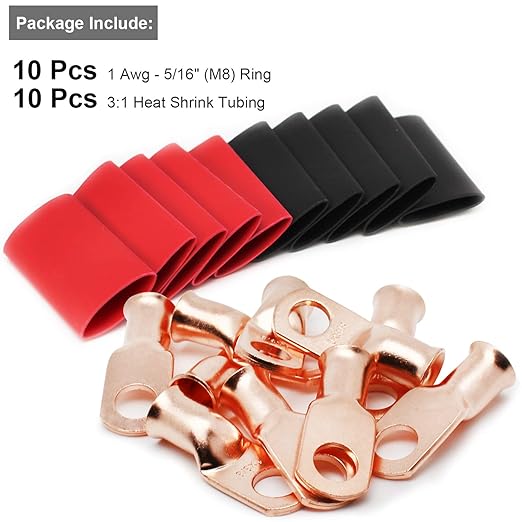 TKDMR 10pcs 1 AWG-5/16 Battery Lugs,Heavy Duty Wire Lugs,Ring Terminals,Battery Cable Ends,0 Guage terminals,Battery Terminal Connectors with 10pcs 3:1 Heat Shrink Tubing