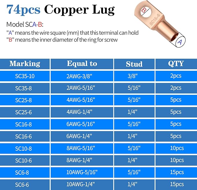 Cable Lug Crimping Tool with 74pcs Copper Wire Lugs, 100pcs Dual Wall Adhesive Heat Shrink Tubing, Wire Crimping Tool for AWG 10-1/0 Electrical Lug Crimper