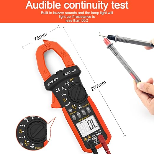 BTMETER Digital Clamp Meter Multimeter, Auto Range 4000 TRMS AC DC Voltmeter Ammeter Test Volt Amp Ohm Capacitance Frequency w/Data Export, Mini Multi Tester BT-7200CAPP