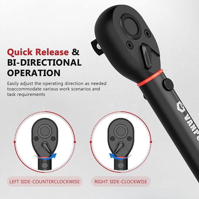 VANPO Torque Wrench 1/2-Inch Drive, 10-170.0ft.lb/13.60-230.5Nm,72 Tooth, TRP+ABS Plastic Handle, Click Torque Wrench with 1/2" to 3/8" Adapter & 125mm Extension Bar for Moto, Automotive Maintenance