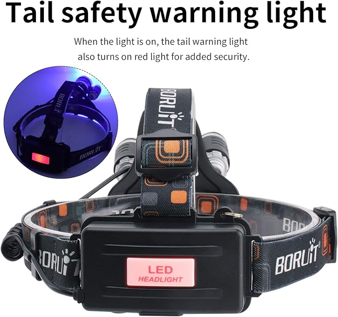 BORUIT RJ-3000 LED Black Light Headlamp,3 Modes White and UV Light Headlamp,Super Bright Rechargeable Blacklight Headlight Head Lamp for Hunting Camping Hiking Fishing Working