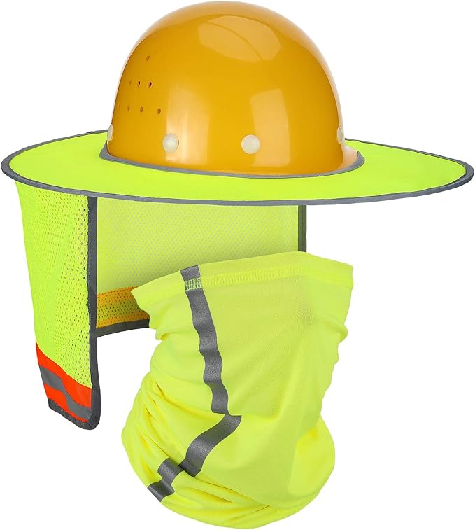 SATINIOR 2 Pcs Sun Hard Hat Neck Protection High Visibility Full Brim Mesh Sun Protection and Neck Gaiter Bandana Face Scarf for Construction Helmet Hard Hat Accessories, Reflective(Yellow)