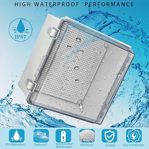 Waterproof Electrical Box with Mounting Plate, IP67 Junction Box Stainless Steel Latch Hinged Clear Cover Project Enclosure with Wall Bracket and 2 Glands 8.3" x 8.3" x 3.9"