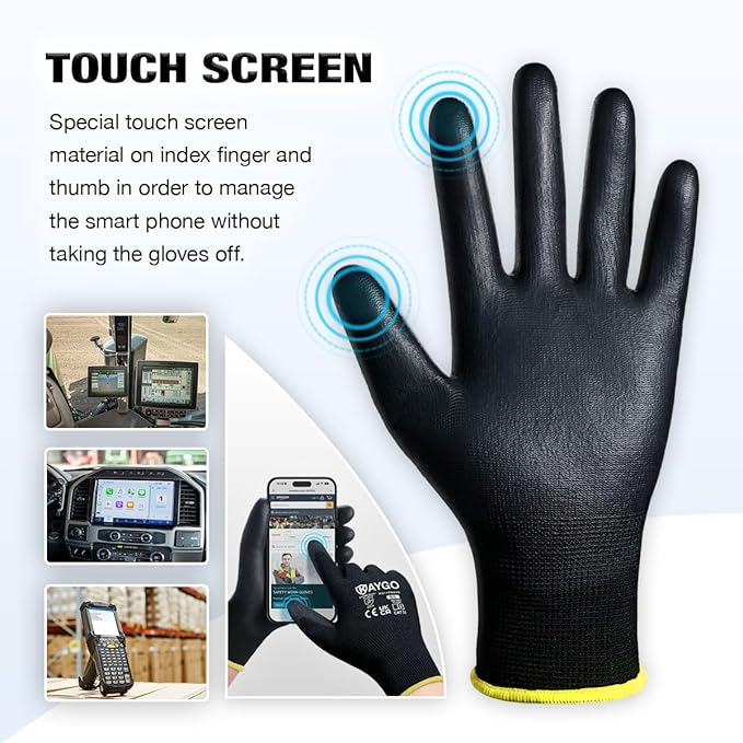 Work Gloves PU Coated for Men and Women, 12 Pairs Safety Work Gloves with Two Fingers Touchscreen, Breathable and Lightweight,Ideal for Light Warehouse, Manufacturing, Gardening, KG11P (XL, Black)