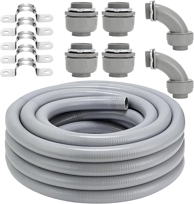Liquid-Tight Conduit Connector Kit,Flexible Non Metallic Liquid Tight Electrical Conduit Kit,Waterproof Outdoor Electrical Conduit Pipe,Straight/Angle Fittings,Clamps (1-1/4 in x 25 ft)