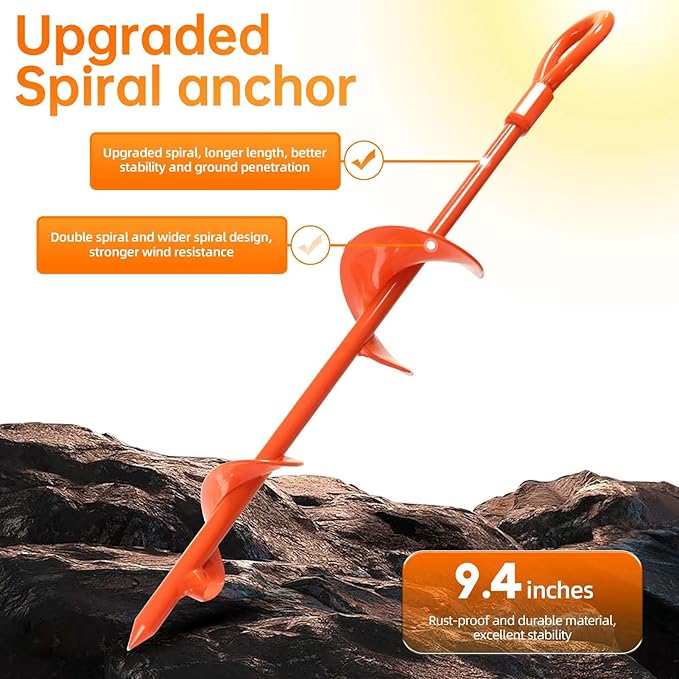Ground Anchors, Shed Anchor Kit - 15 Inch, 4-Pack Spiral Stakes, Ground Anchors Heavy Duty - Strong Wind Resistant for Camping Tents, Carports, Swing Sets, and Canopies - Earth Anchors (Orange)