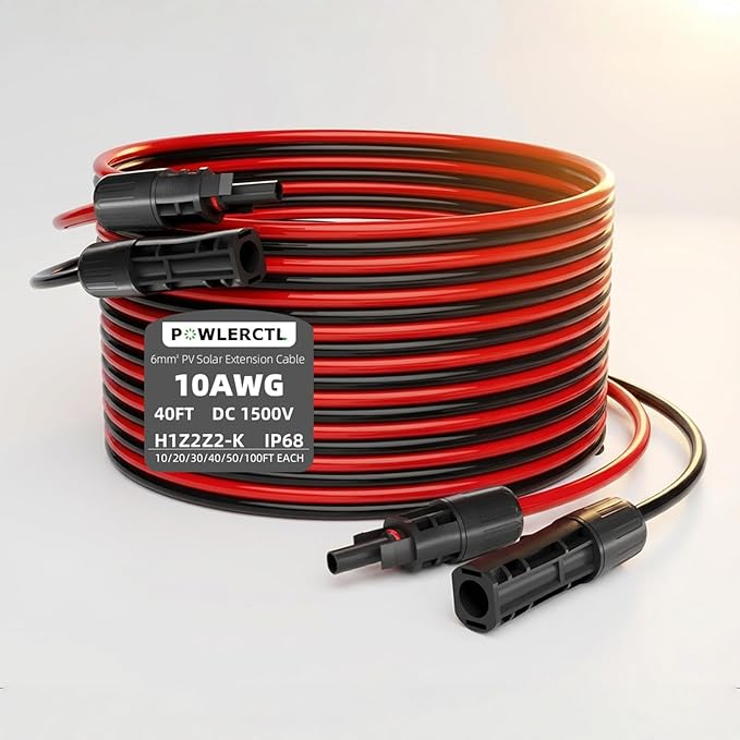 Solar Panel Extension Cable 10 AWG 40Ft 6mm² Wire Gauge Certified PV Cable,100% Tinned Copper Heavy Duty with Male and Female Waterproof mc4 Connectors,for RV, Home Boat Photovoltaic Systems