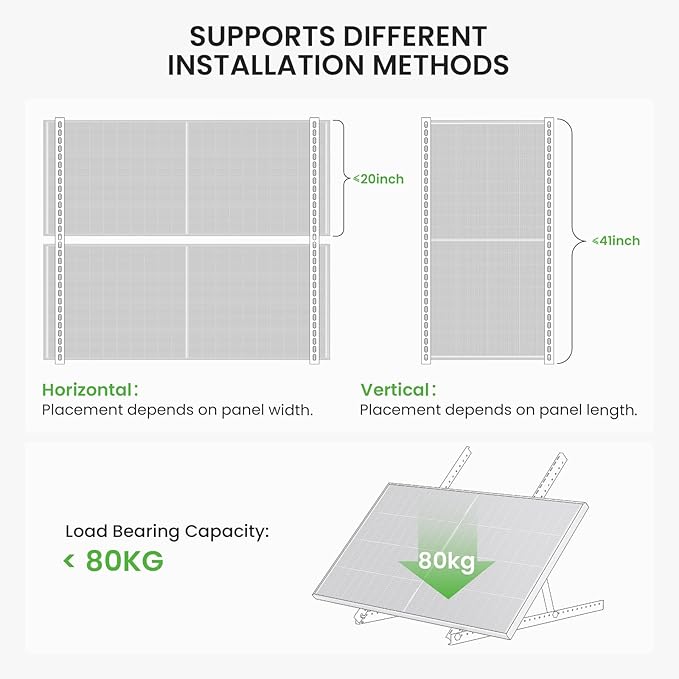 41in Adjustable Solar Panel Mount Brackets with Foldable Tilt Legs, Aluminum Mounting Stand for 100W-400W Panels, Roof, RV, Boat, Off-Grid Systems (1 Set)