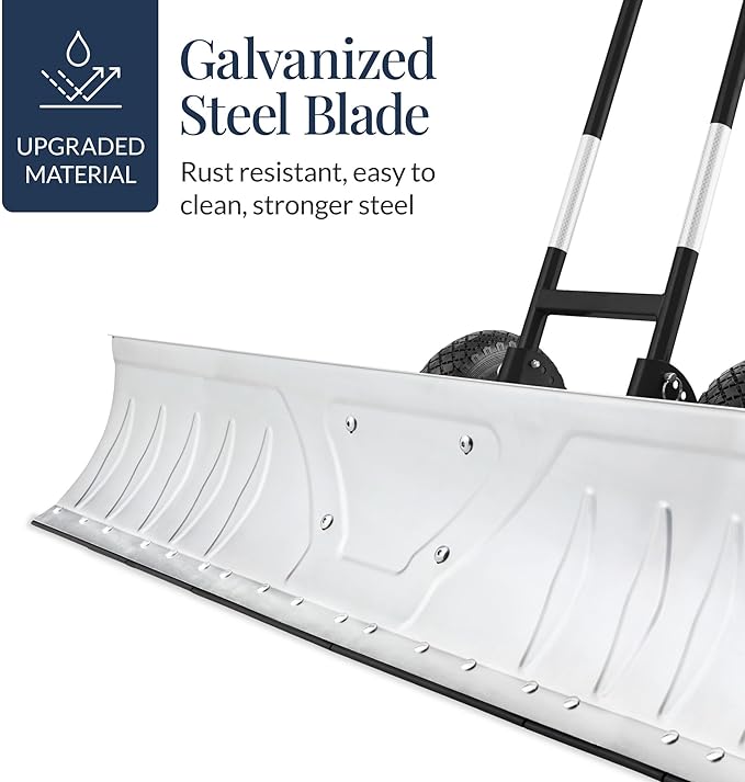 Best Choice Products 48in Heavy-Duty 2-Wheel Snow Pusher Hand Plow for Snow Removal w/Wheels, Adjustable Handle, Blade Angle - Silver