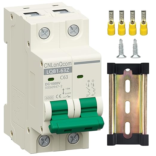 DC Miniature Circuit Breaker 63 Amp Solar Disconnect Switch DC1000V AC400V 2P MCB for PV, UPS, RV Battery, DIN Rail Mount