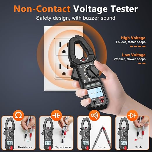 FKM Clamp Meter,TRMS 6000 Counts Digital Clamp Multimeter Voltage Tester,Auto-ranging 600 Amp Volt Meter,for AC/DC Voltage,AC Current,NCV,Capacitance,Resistance,Continuity,Hz/Duty Cycle,Diode,TempTest