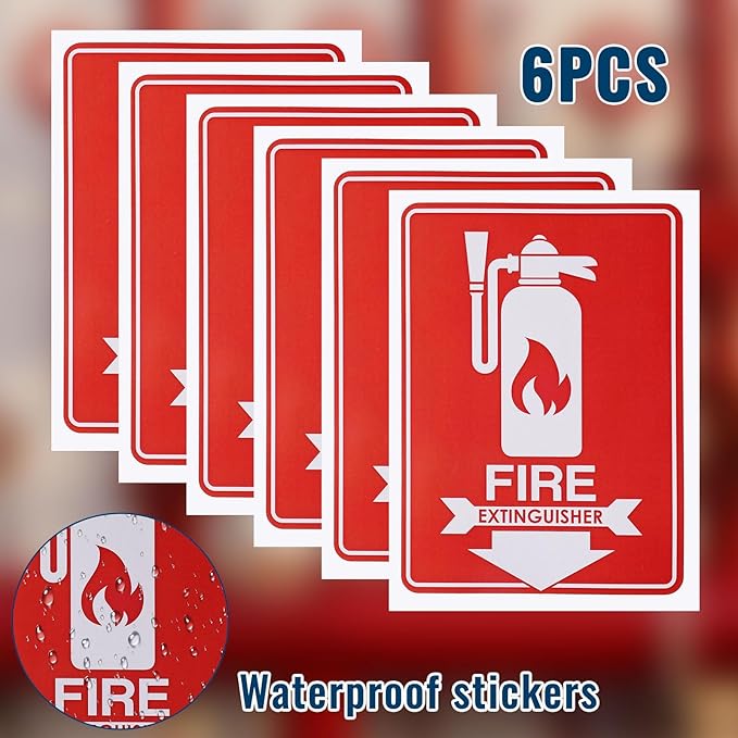 6pcs Fire Extinguisher Signs, 5.12x7.09 Inch Waterproof Fire Extinguisher Sticker with Down Arrow Self-Adhesive Decal for Business Office Home and Outdoor