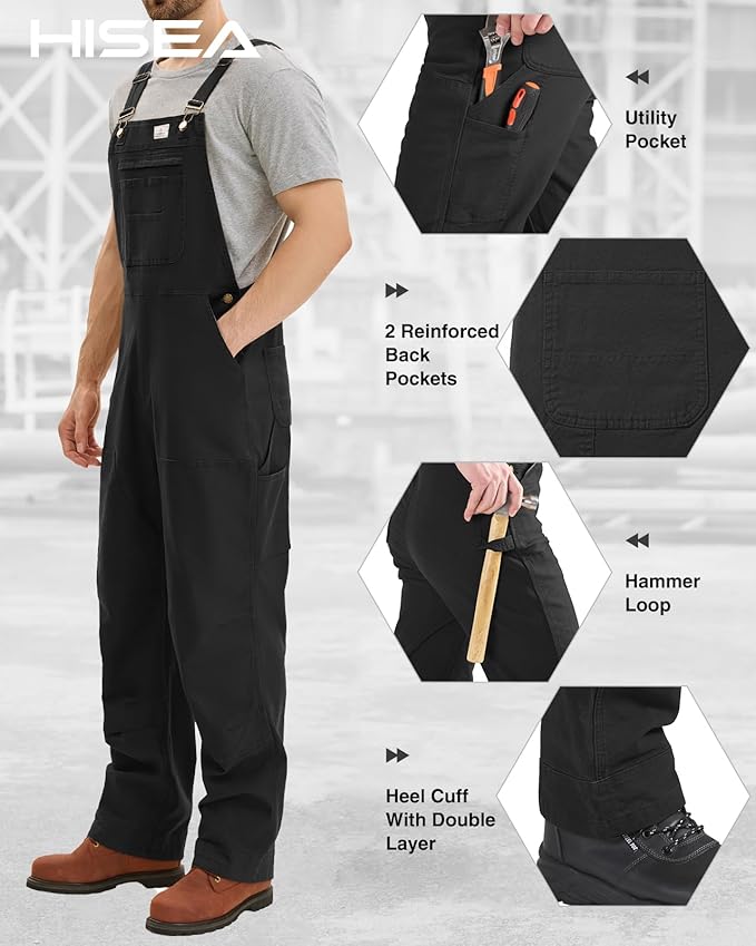 HISEA Flex Canvas Overalls for Men, Bib Work Double Knee Stretch Overall, Relaxed Fit Lightweight Workwear with Pockets