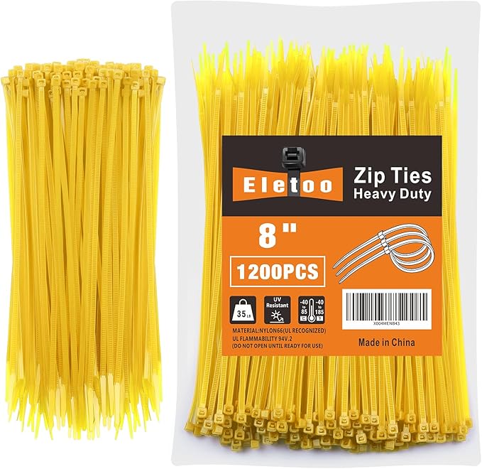 8 Inch yellow Zip Ties (1200 Pack), 35 LBS Tensile Strength, Self-Locking Nylon PA66 UV Resistant Cable Ties for Indoor and Outdoor Use