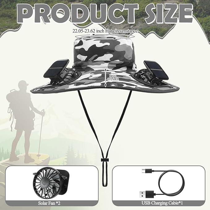 Berlune Men Sun Hat with 2 Solar Fans Wide Brim Outdoor Fishing Hat USB & Solar Powered for Sun Protection Camping Hiking