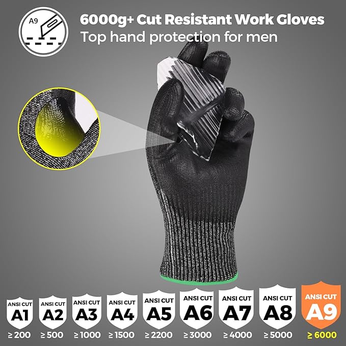 Donfri A9 Cut Resistant Work Gloves for Men, Safety Gloves for Men Touchscreen with Reinforced Thumb for Metal Glass Wood