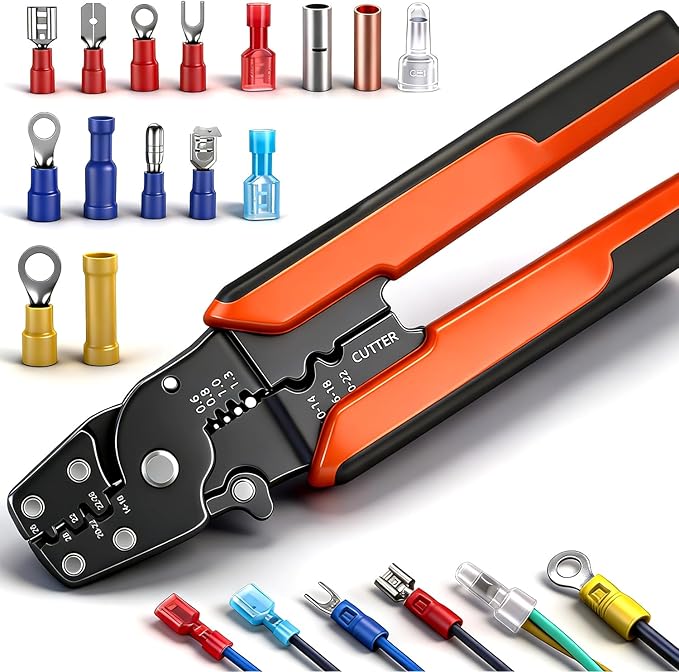 smseace Orange Wire Crimping tool Wire crimper,stripper and cutterfor insulated/Bare/Heat Shrink connectors(22-10 AWG) Multifunctional stripping crimping pliers Wire stripper and crimping tool