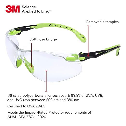 3M Safety Glasses, Solus 1000, S1201SGAF, ANSI Z87, Scotchgard Anti-Fog Lens, Green/Black Frame, Half-Frame, Padded Temple, Soft Nosebridge, UV Protection, Premium Eye Protection