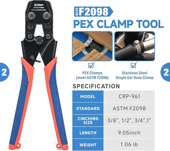 iCrimp PEX Crimping Tool Set for Copper Crimp Ring and PEX Cinch Clamp, Crimping and Removing PEX Crimp Fittings 1/2'', 3/4'', 1'', 7 Pieces