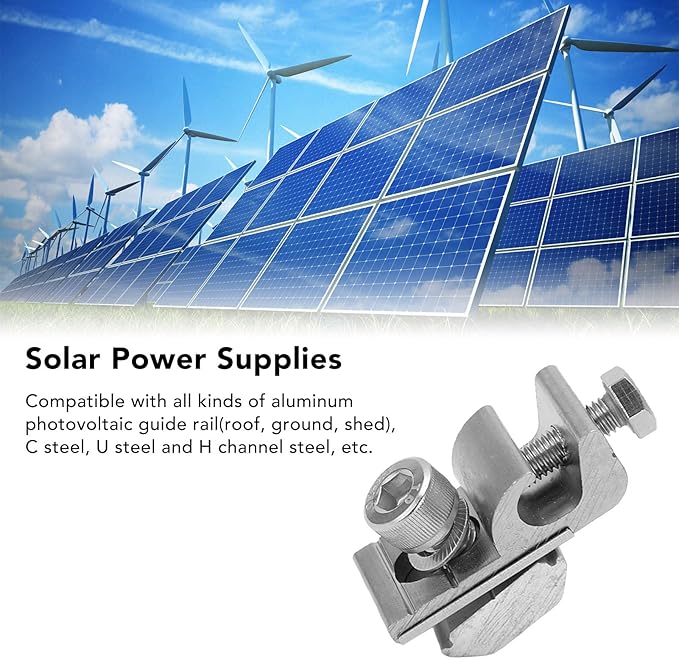 Solar System Grounding Clips, Pack of 10 Solar Panel Mounting System Grounding Clip Lug Bracket Clamps Set Solar Panel Photovoltaic Support Parts for Bare Wire and Pipe
