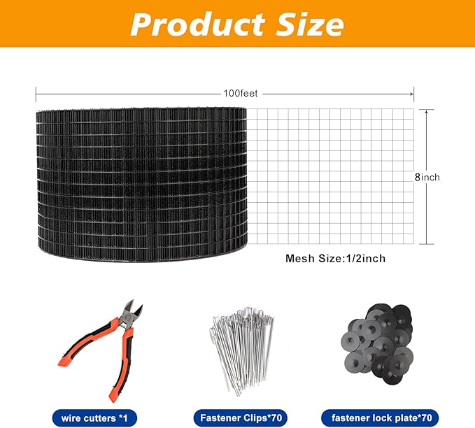Critter Guard for Solar Panel Bird Mesh 8 inches x 100 feet PVC Coated 1/2 inch Bird Net with 70 Sets of Fastening Clips Pliers Pigeon Solar Panel Bird Guard Kit Roof Solar Protective net