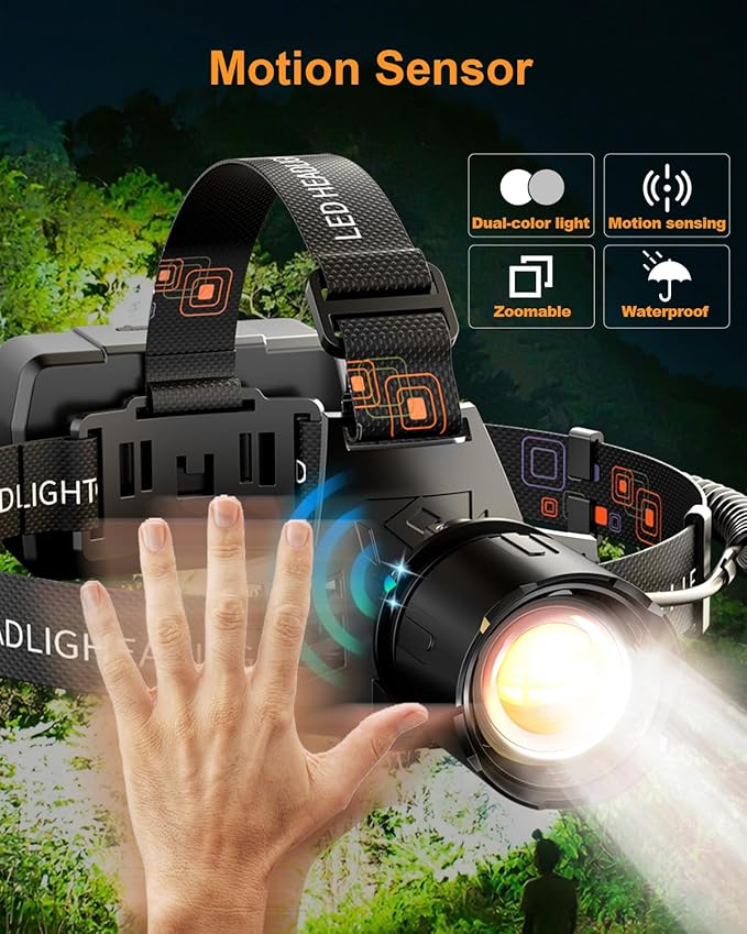 SKYFIRE Rechargeable Headlamp 3000 Lumens Motion Sensor, LED Super Bright Head lamp with 7500mAh Battery, Zoomable 13 Modes 90° Adjustable Waterproof Head Light for Running Cycling Camping Hiking