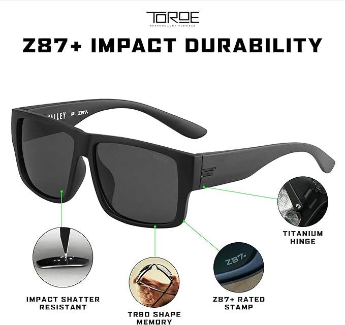 TOROE Z87+ Polarized Safety Sunglasses Matte Black TR90 Frame, ANSI Rated Lens