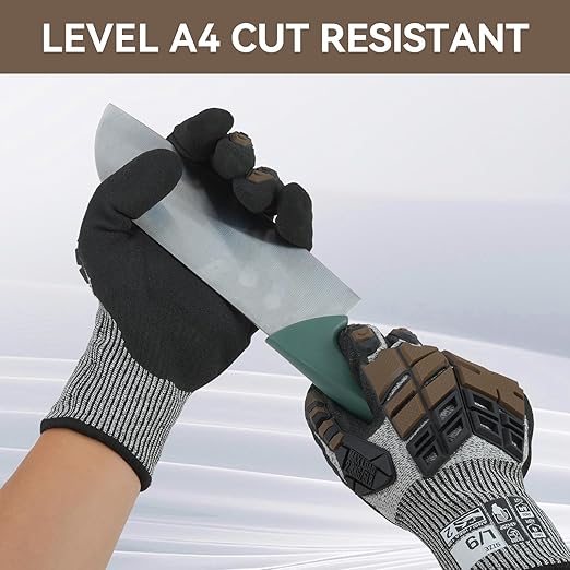 Safety Work Gloves, Impact Gloves for Men Women, Cut Resistant Non-Slip Heavy Duty Gloves with Nitrile Grip, Touch Screen Glove with Impact Protection for Mechanic Construction, Large, Brown